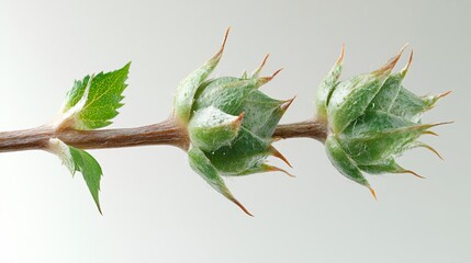 Close-up of a thorny green plant stem with two buds
