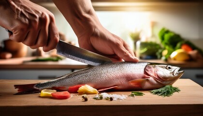Obraz premium mano cortando con cuchillo carne de pescado en la cocina