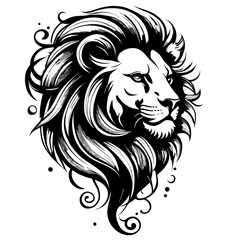 Stylized black lion head tattoo design on transparent background.