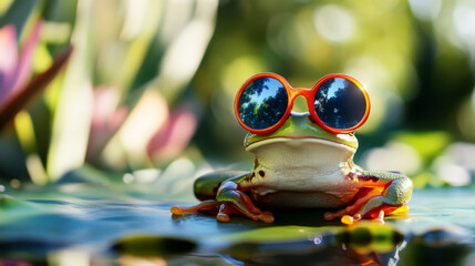 Closeup of a goofy funny colorful realistic frog in big silly cool sunglasses sitting on a lily pad with defocused green nature background and copy space vacation travel relaxation concepts