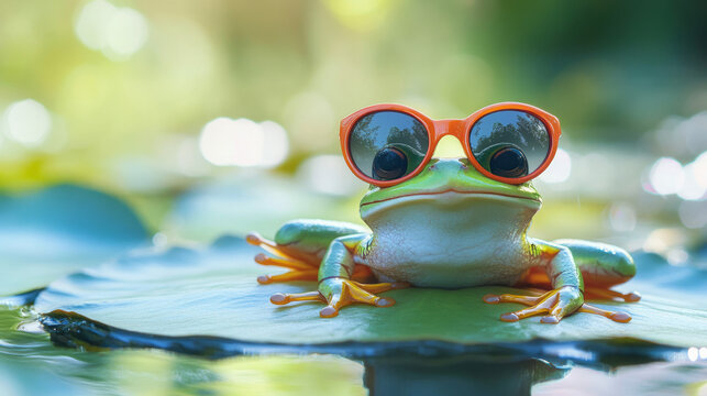 Closeup of a goofy funny colorful realistic frog in big silly cool sunglasses sitting on a lily pad with defocused green nature background and copy space vacation travel relaxation concepts