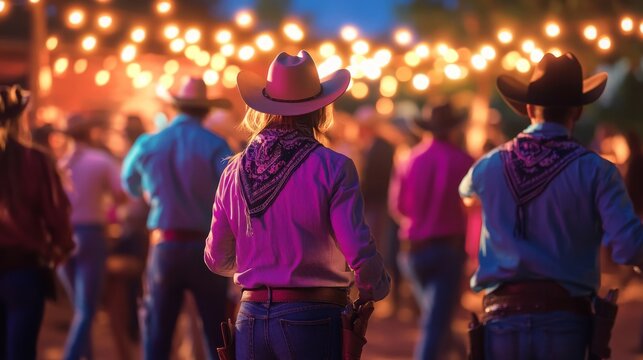 A couple in cowboy attire dances together at an outdoor gathering, illuminated by twinkling string lights during the evening.