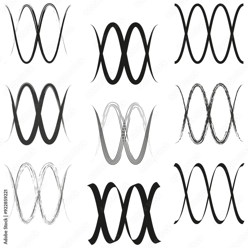 Poster set of abstract waveforms. various black and white wavy lines. minimalist vector art.