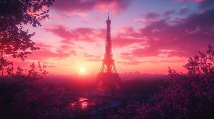 The iconic Eiffel Tower dominating the Paris skyline at sunset.