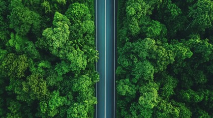 An aerial view shows a winding road through a vibrant green forest, highlighting the breathtaking beauty of nature in a serene countryside setting, inviting exploration and adventure