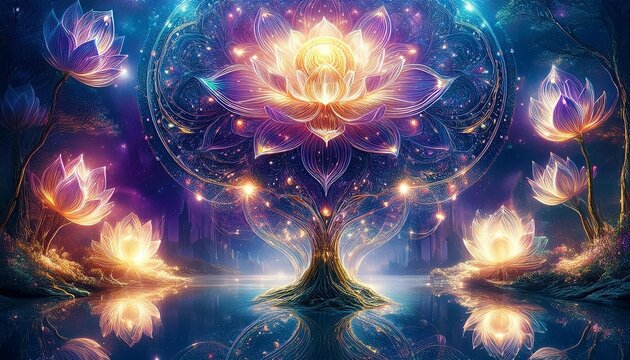 幻想的、ロータス、光、マンダラ、神秘的、ファンタジーアート、スピリチュアル、自然、湖、反射、魔法、ドリームライク、夢幻、エネルギー、きらめき
