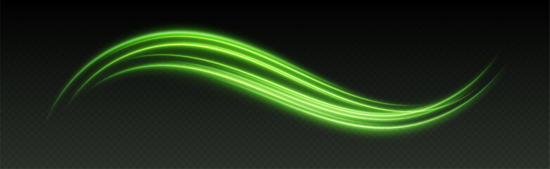 Glowing green light swirl with smooth, flowing curves. Light effect in motion concept. Vector illustration.