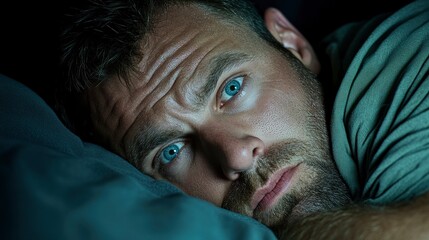 Man Struggling To Sleep At Night, Lying Awake In The Darkness, Battling Insomnia