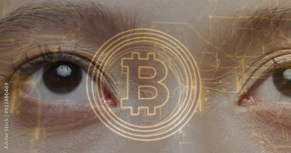 Poster bitcoin symbol and blockchain network animation over close-up of human eye
