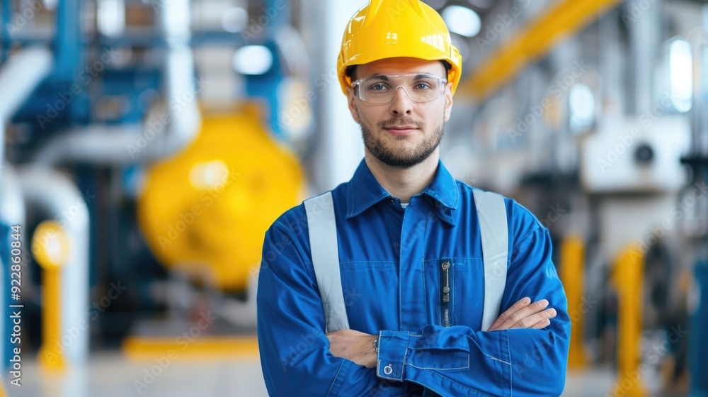 Poster confident industrial worker demonstrating excellence and efficient processes in high performance man