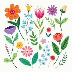 Obraz premium Creative illustration colorful flowers and leaves set