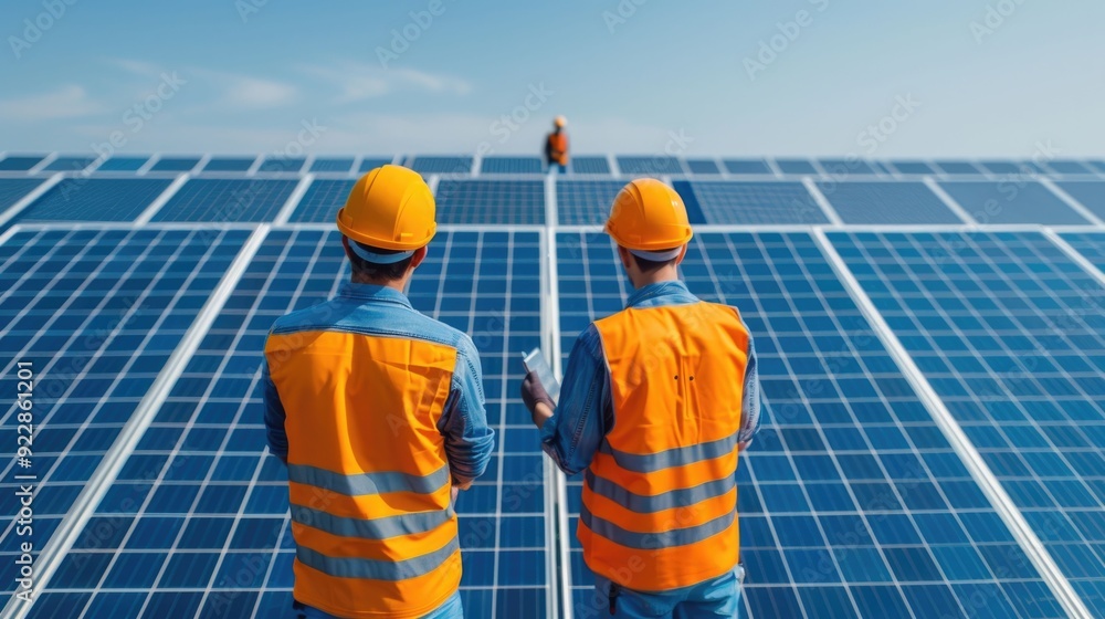 Poster energy efficient solar panel installation with workers in deep depth of field showcasing sustainable