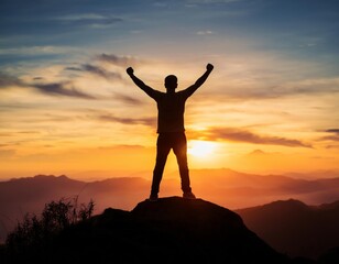 Fototapeta premium silhouette of success man in the top of hill