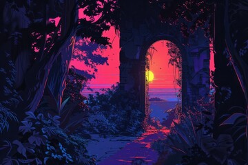 A surreal digital artwork featuring a stone archway in a dark, overgrown forest, framing a vibrant sunset with a single sun in a magenta sky, creating a portal-like effect.