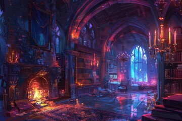An atmospheric digital painting of a Gothic castle interior, featuring a burning fireplace, towering bookshelves, and stained glass windows glowing with dramatic blues and reds