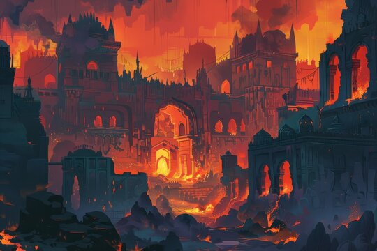A digital painting depicts a dark, gothic city engulfed in flames. The sky is a fiery orange, casting an eerie glow over the crumbling architecture. The city's silhouette is jagged and menacing, with 