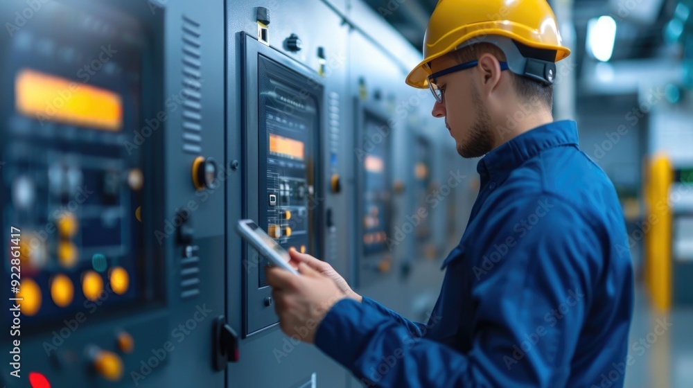 Poster a technician in blue uniform and protective helmet installing or repairing various smart home automa