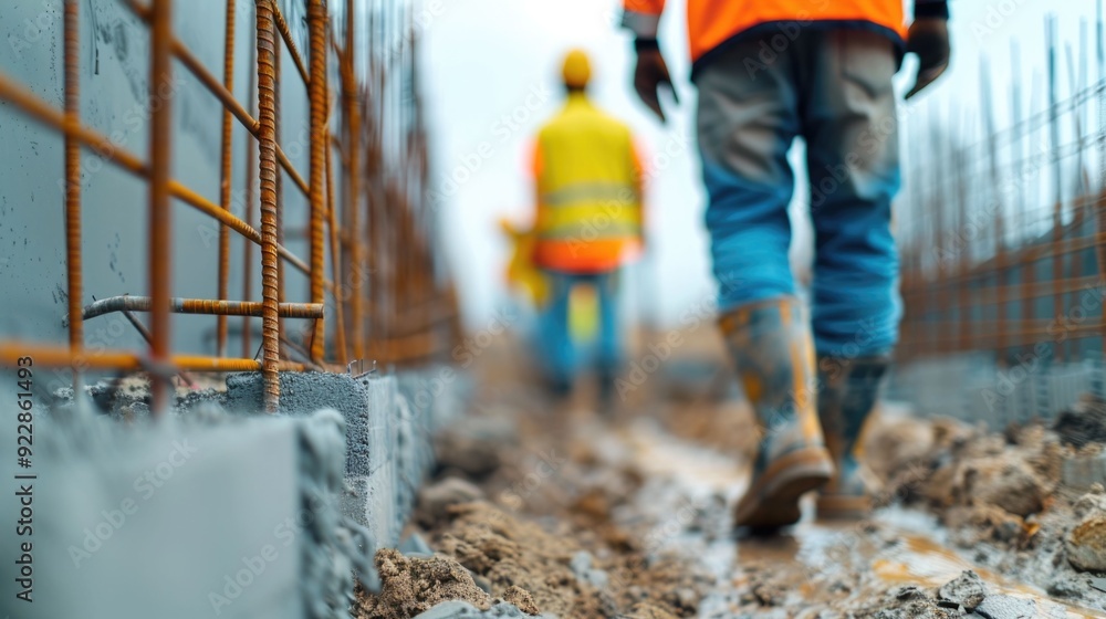 Poster a photograph capturing the intricate process of construction workers reinforcing a load bearing wall