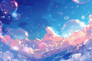 Deskripsi Singkat (Untuk Microstock):
"Surreal sky scene with floating bubbles and pastel clouds, creating a dreamy and ethereal atmosphere