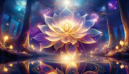 幻想的、ロータス、光、宇宙、ファンタジーアート、神秘的、スピリチュアル、森、湖、反射、魔法、ドリームライク、夢幻、エネルギー、デジタルアート