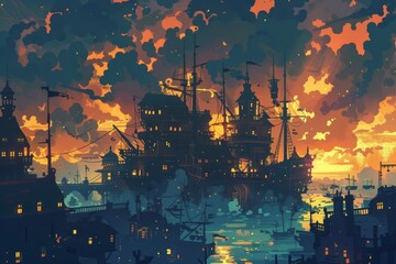 Fantasy cityscape with a large, silhouetted ship against a dramatic sunset sky, creating a whimsical and adventurous scene