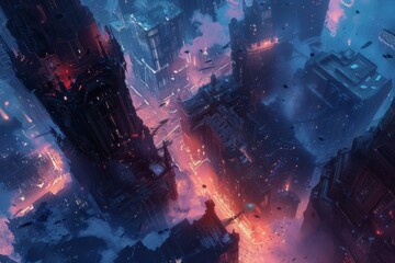 Dystopian cityscape with towering buildings and glowing lights, creating a dark and futuristic urban landscape