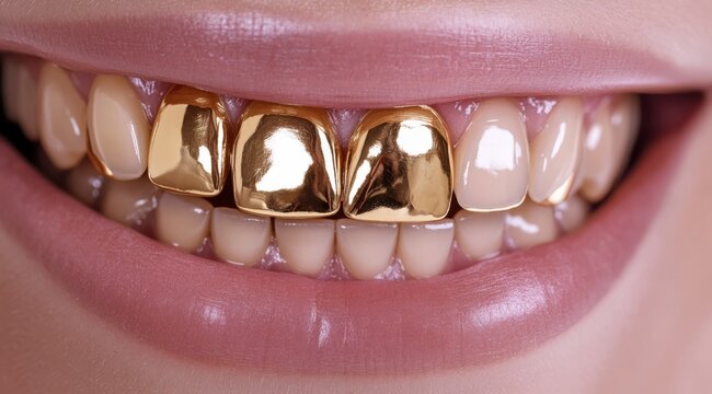 A captivating smile showcasing shiny gold dental grills that beautifully enhance the natural aesthetics of teeth