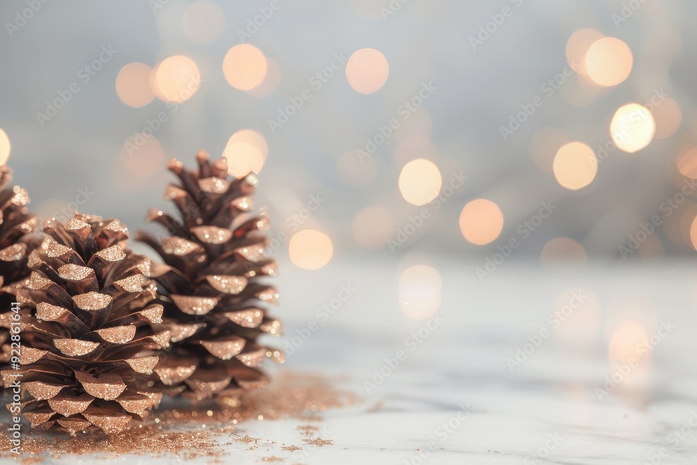 Poster beautiful pinecones arranged artistically on a soft background with warm, glowing lights creating a 