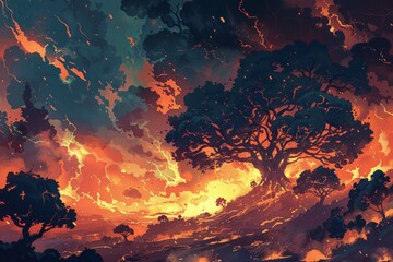 Dramatic landscape with silhouetted trees against a fiery sky, creating a fantasy or apocalyptic scene