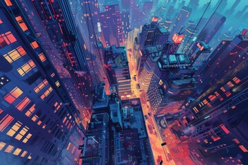 High-angle view of a futuristic cityscape with glowing lights and towering buildings, creating a dynamic urban scene