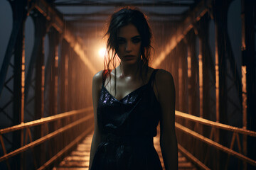 girl standing in the rain with a dark, dewy bridge in the background