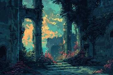 Mystical ruins with arched doorways and overgrown foliage, bathed in ethereal light, creating a fantasy landscape