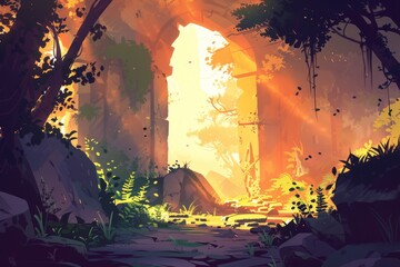 An ancient stone archway illuminated by sunlight, hidden within a lush forest
