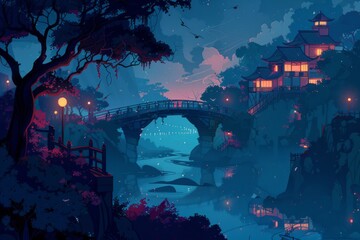 Tranquil Asian village nestled in hills, with a stone bridge, glowing lanterns, and a misty ambiance, evokes a sense of peaceful serenity
