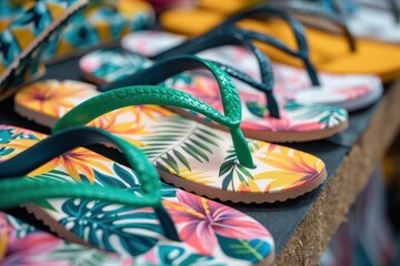 Obraz premium Colorful floral flip-flops arranged neatly, perfect for a vibrant summer beach scene or fashion accessory display.