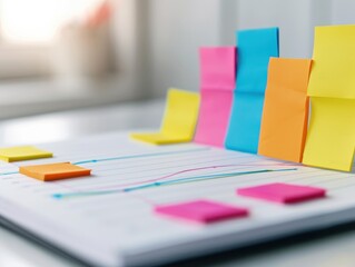 Colorful sticky notes are arranged on a notepad, representing data and ideas for project management and brainstorming sessions.