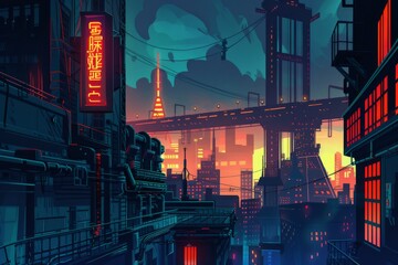 Cyberpunk cityscape with neon signs, towering structures, and a misty atmosphere, evokes a sense of gritty urban futurism and technological mystery