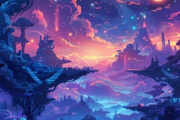Dreamlike landscape with floating islands, vibrant sunset hues, and starry skies, evokes a sense of wonder and cosmic serenity