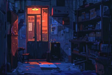 Cozy, dimly lit room with warm orange light spilling from a doorway, revealing a cluttered bookshelf and a sense of quiet solitude
