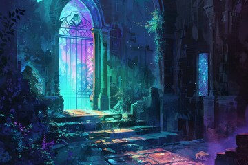 Mystical arched gate with glowing stained glass, overgrown ruins, and ethereal light create an enchanting and mysterious passage to another realm.