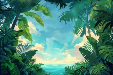 Lush tropical jungle framing a serene ocean view, vibrant foliage, and soft pastel skies create a tranquil and inviting paradise