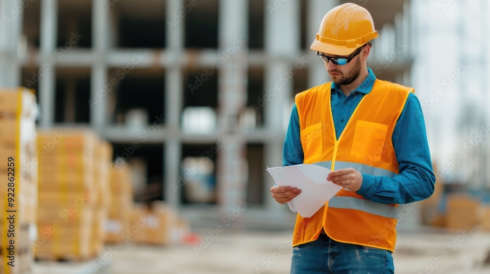 Poster construction worker in safety vest and hardhat examining building plans and checking code compliance