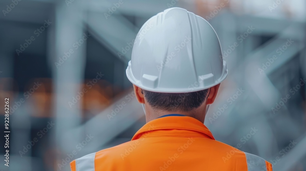 Poster construction worker wearing hard hat and safety vest inspecting building infrastructure and code com