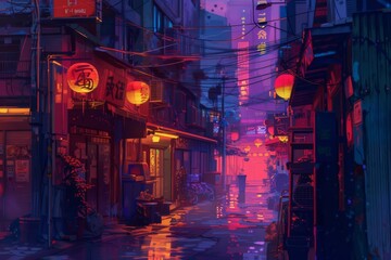 A captivating digital painting depicting a narrow, atmospheric alleyway, reminiscent of a traditional Japanese street, bathed in the soft glow of lanterns and neon reflections