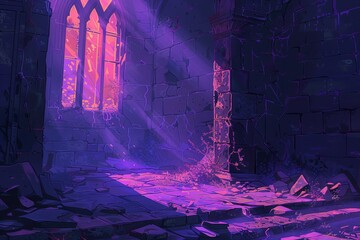 Evocative digital painting of a ruined gothic interior, bathed in ethereal purple light streaming through stained glass windows