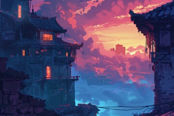 Serene Sunset Over Ancient Cityscape