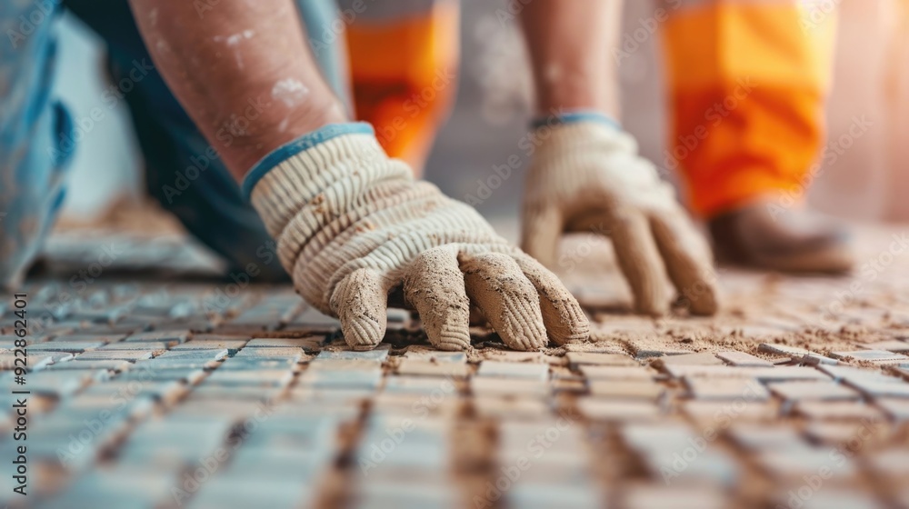 Aufkleber closeup view of precision tiling and backsplash installation process with skilled workers carefully 