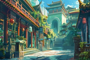 Vibrant Asian Street Scene with Traditional Architecture