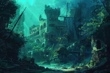 Submerged Medieval Castle Ruins with Shipwrecks in Eerie Underwater Scene