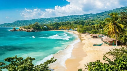 picturesque tropical beach scene with vibrant, colorful huts lining the shoreline.